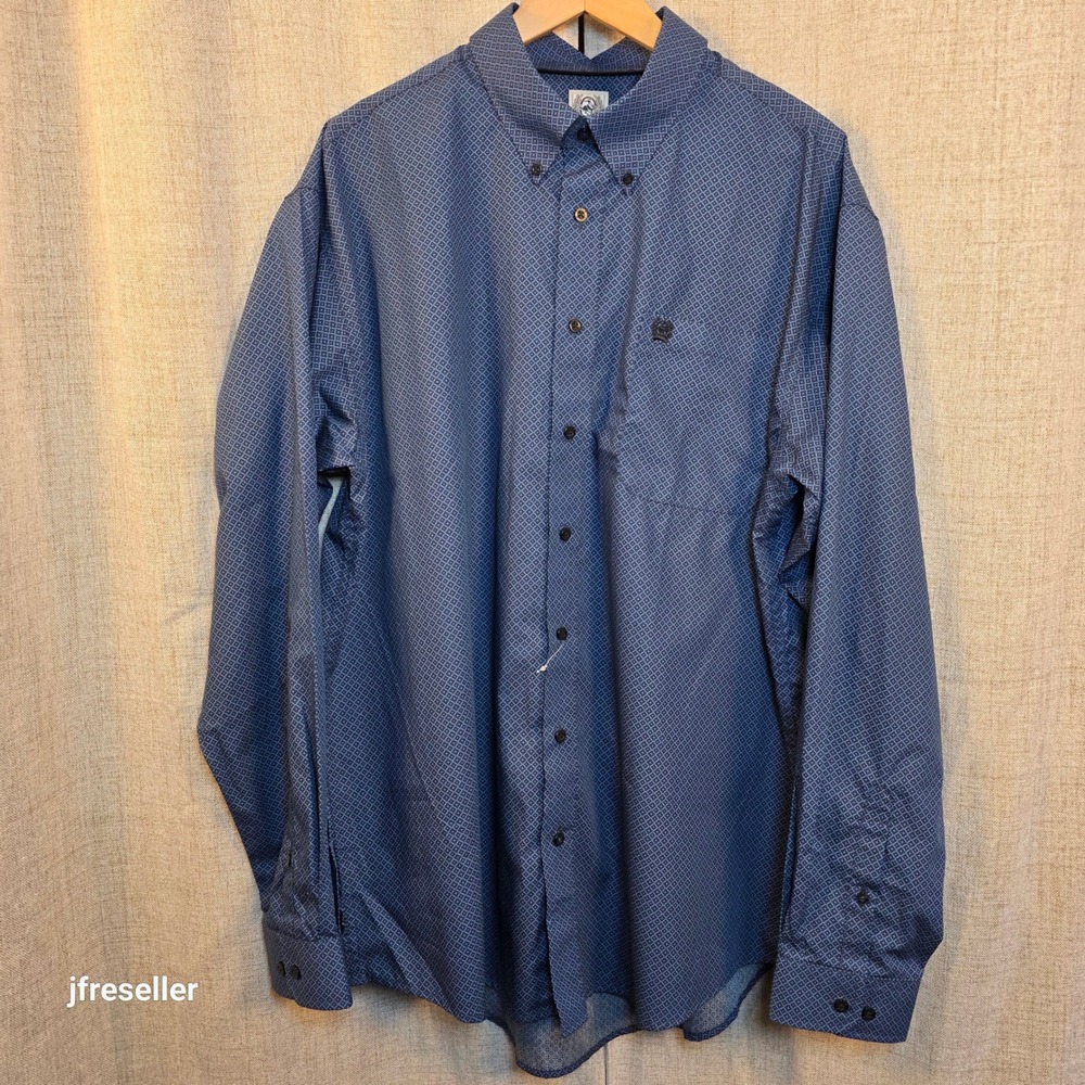 Cinch Mens Blue Geometric Diamond Print Long Sleeve Button Down Shirt Large